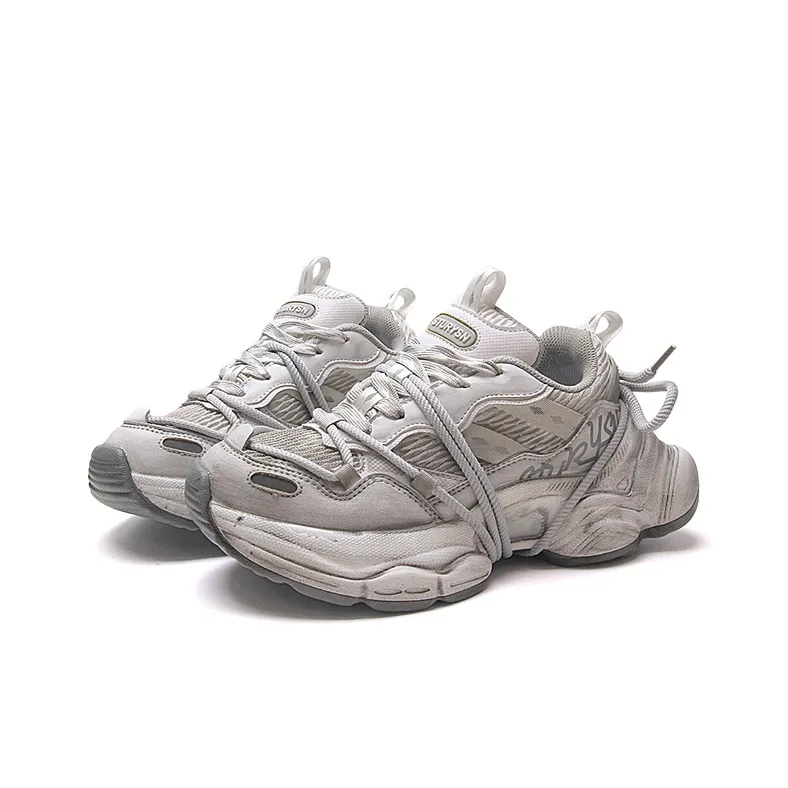 STUR YSN Abrasion Resistant Breathable Low Top Chunky Sneakers Unisex White Distressed-1