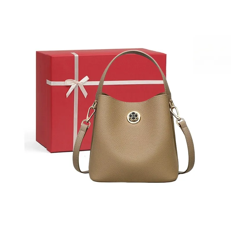 CNNCOO Cow Leather With Synthetic Leather Bucket Bag, One Shoulder Handbag Women's Elephant Gray-0