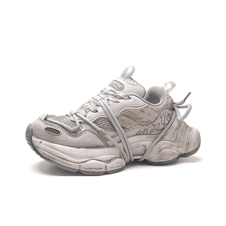 STUR YSN Abrasion Resistant Breathable Low Top Chunky Sneakers Unisex White Distressed-0