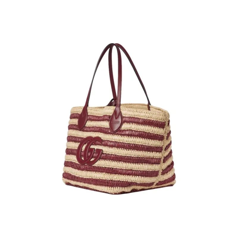 GUCCI Raffia Tote Bag, Shopping Bag, Shoulder Bag Medium Size Women's Beige & Red-3