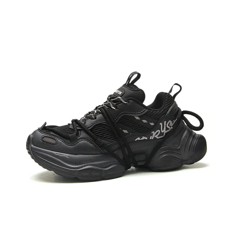 STUR YSN Abrasion Resistant Breathable Low Top Chunky Sneakers Unisex Black Distressed-0
