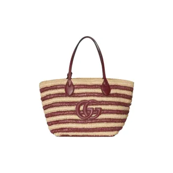 GUCCI Raffia Tote Bag, Shopping Bag, Shoulder Bag Medium Size Women's Beige & Red