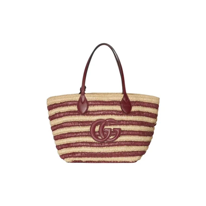 GUCCI Raffia Tote Bag, Shopping Bag, Shoulder Bag Medium Size Women's Beige & Red-0