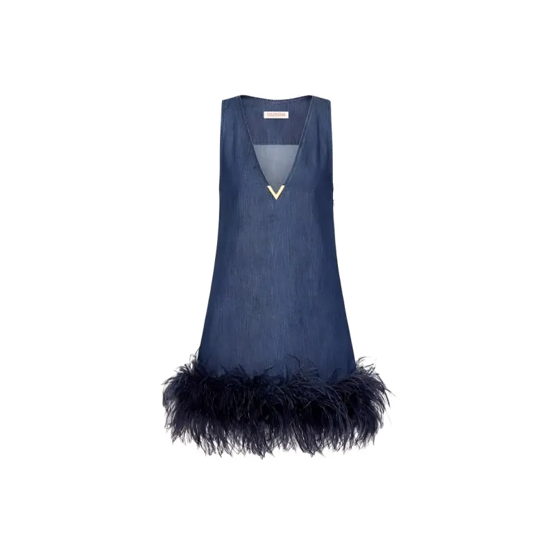 Valentino Feather trim Denim Dress-0