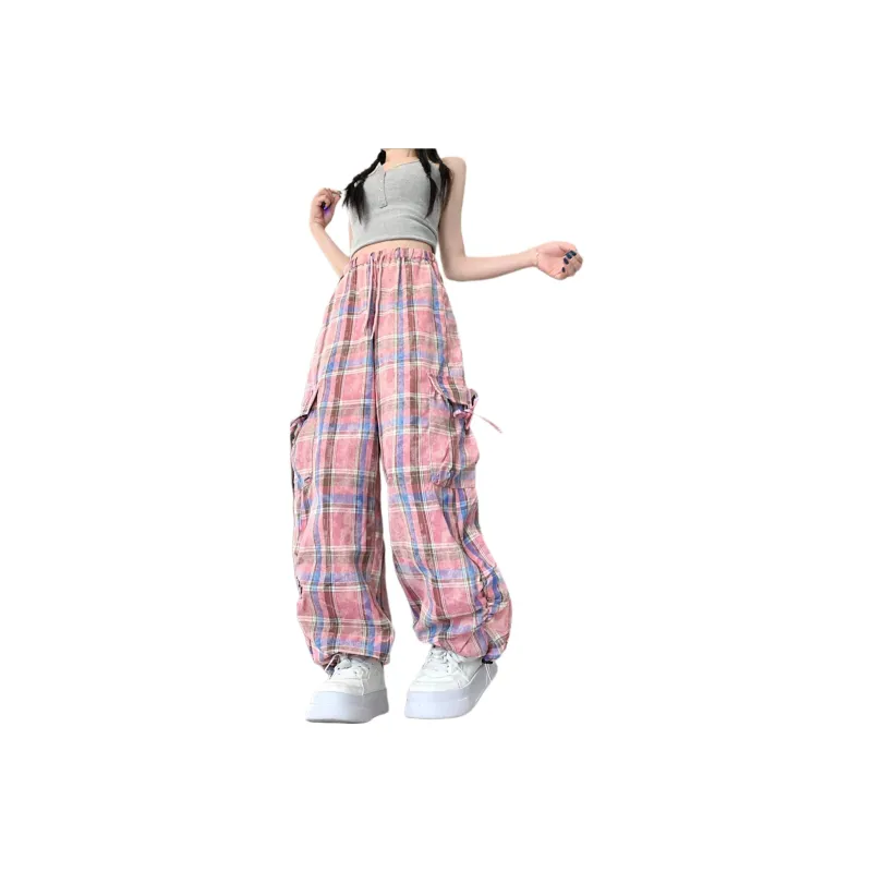 GOSO Casual Pants Women's Pink Blue Plaid-0