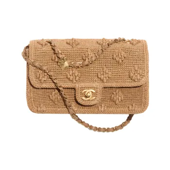 CHANEL Raffia Effect Woven & Gold Metal Leather Chain Shoulder Bag, Crossbody Bag Regular Women's Camel