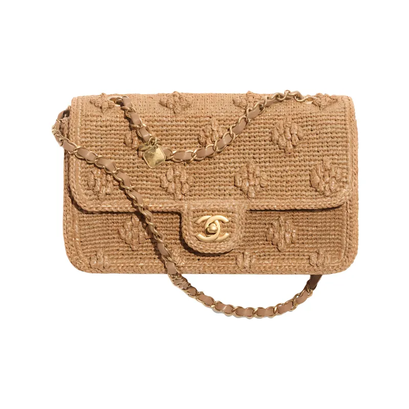 CHANEL Raffia Effect Woven & Gold Metal Leather Chain Shoulder Bag, Crossbody Bag Regular Women's Camel-0