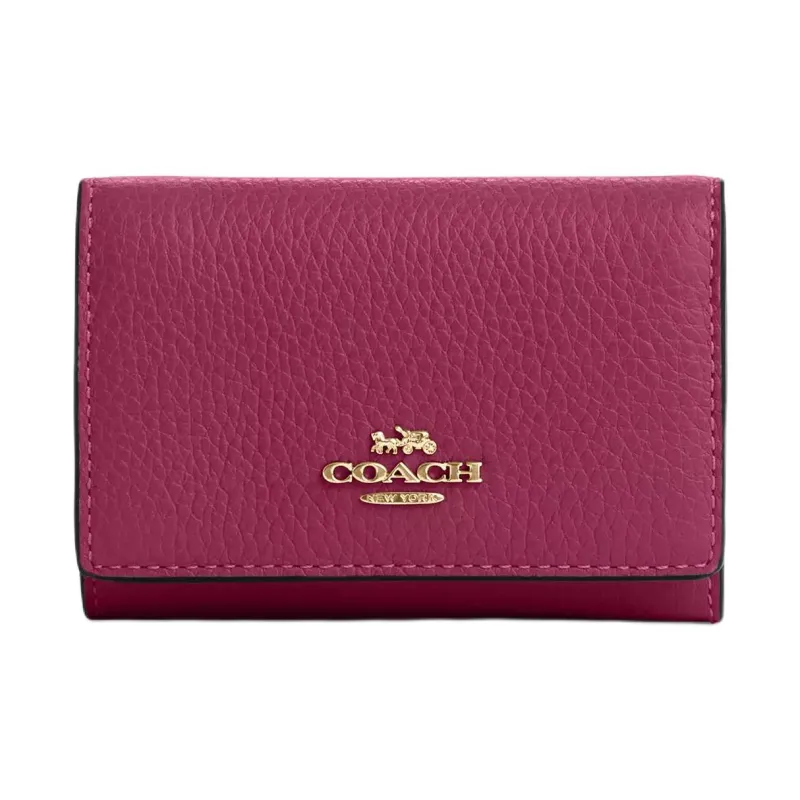 COACH Micro Pebble Leather Wallet Mini Women's Gold & Pink-0