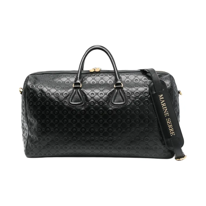 Marine Serre Cow Leather One Shoulder Handbag, Travel Bag Women's Black-0