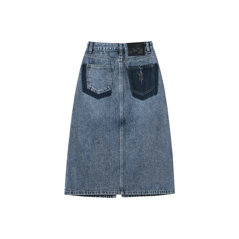 FAWENXIANGZI Denim Long Skirt Women's Vintage Blue-1