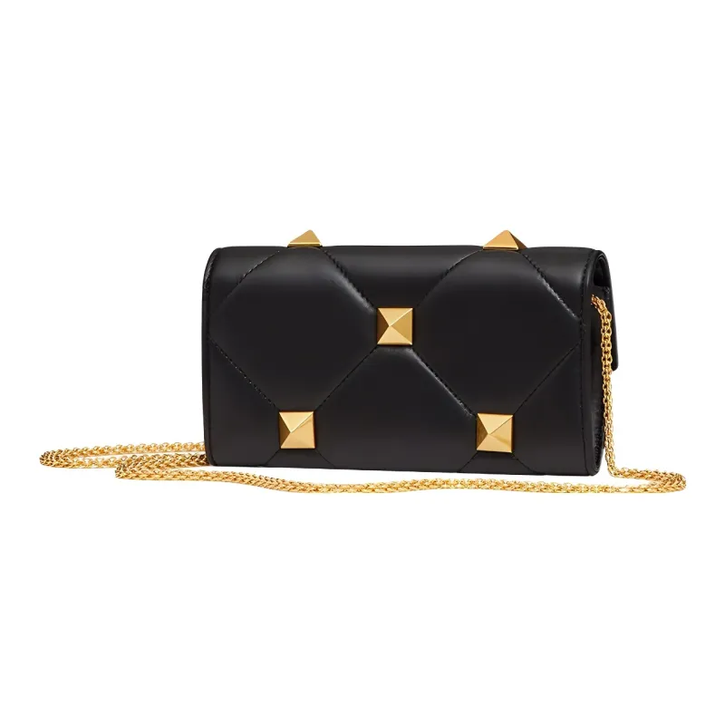 Valentino Roman Stud Lambskin Chain Wallet, Crossbody Bag, Shoulder Bag Women's Black-2