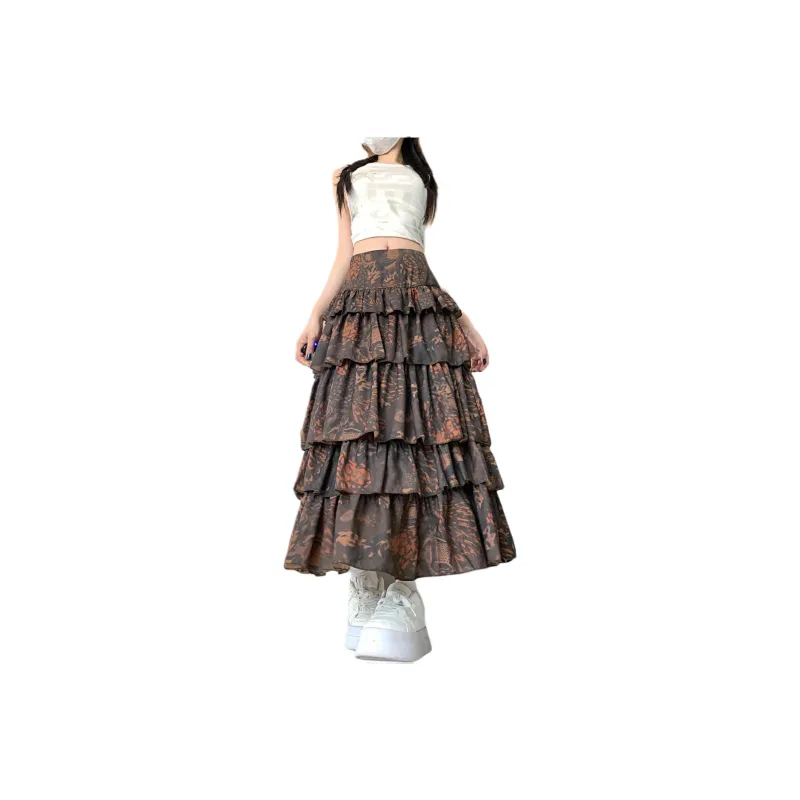 GOSO Casual Long Skirts Women's Brown With Print-1