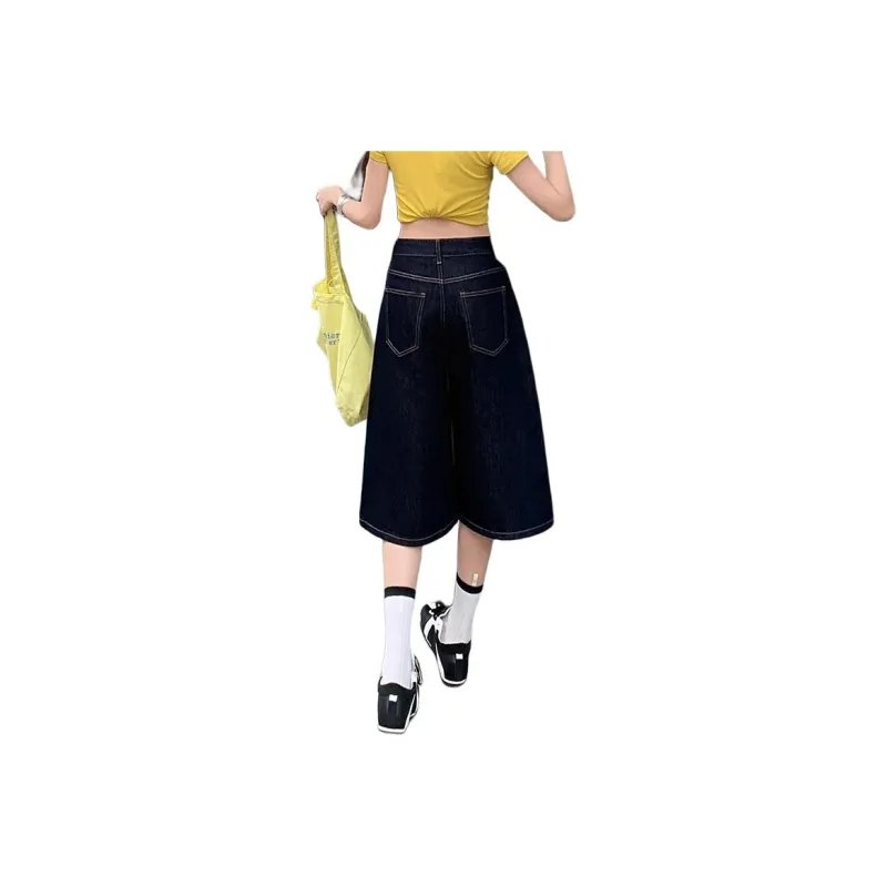 Wen Shan Denim Shorts Women's Denim Blue Capri Pants-1