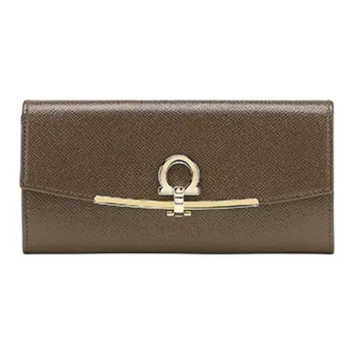 FERRAGAMO GANCINI Calfskin Wallet Women's Brown Green-0