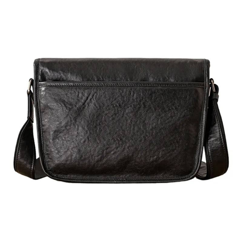 Back Step Top Grain Cow Leather Messenger Shoulder Bag, Crossbody Bag Unisex Black-2