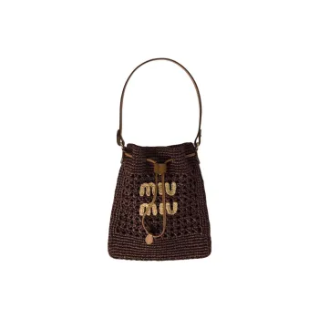 MIU MIU Raffia Fiber Bucket Bag Handbag Mini Women's Cocoa Brown & Natural