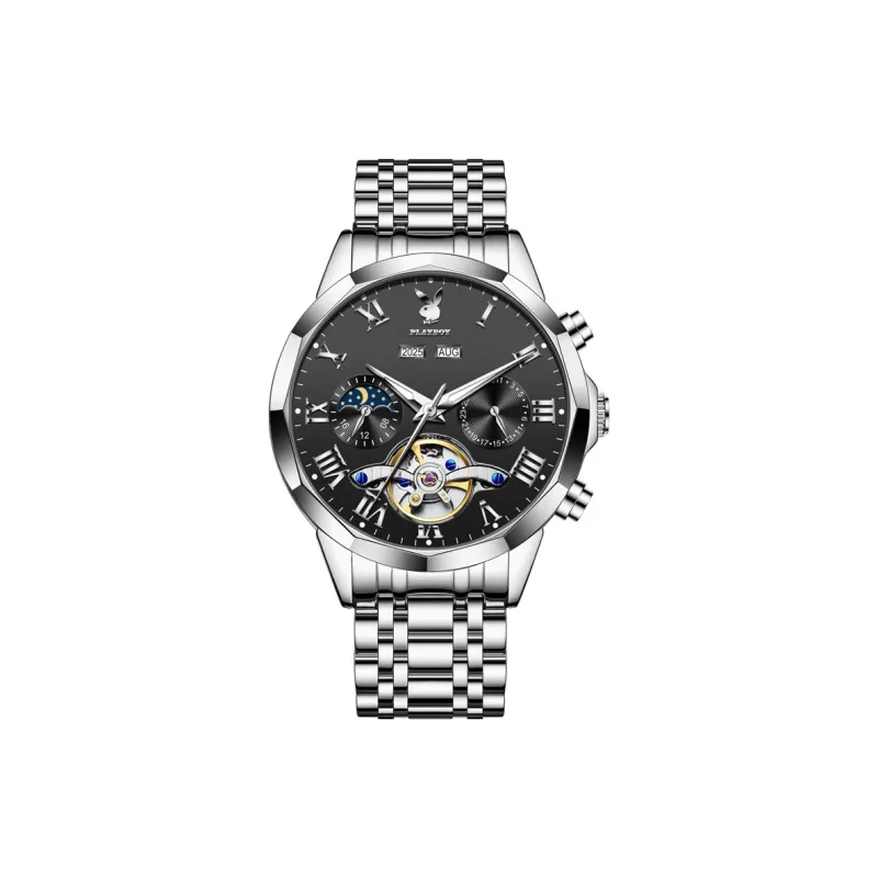 Playboy Explorer Collection Mechanical Movement Stainless Steel Watchband Watch Men's Watches Black Dial-0