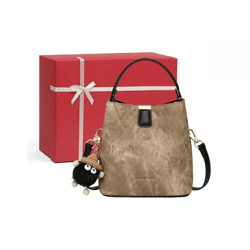 CNNCOO Cow Leather With Synthetic Leather Bucket Bag Handbag Women's Gray-0