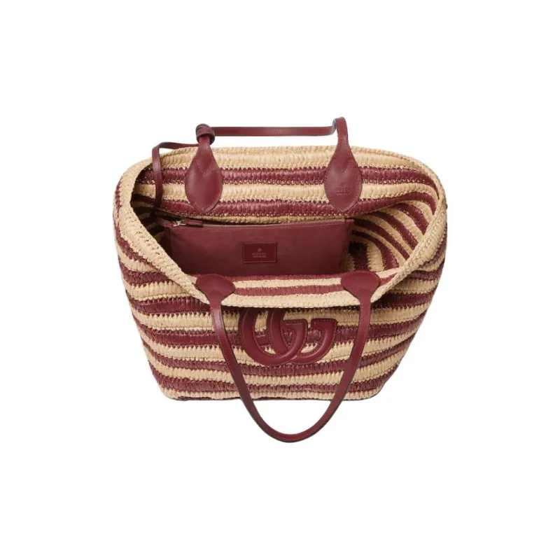 GUCCI Raffia Tote Bag, Shopping Bag, Shoulder Bag Medium Size Women's Beige & Red-5
