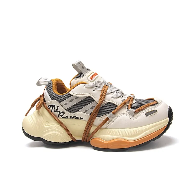 STUR YSN Abrasion Resistant Breathable Low Top Chunky Sneakers Unisex Beige Orange-1