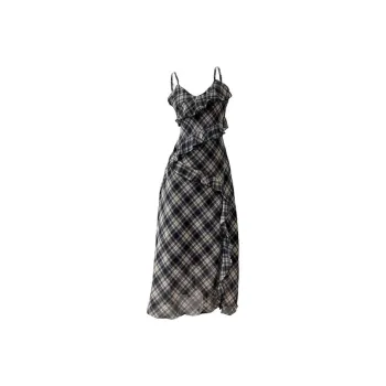 Mu Xiao Xin Slip Dresses Women's Navy Blue Plaid