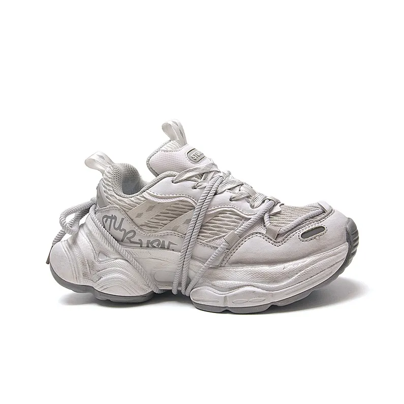 STUR YSN Abrasion Resistant Breathable Low Top Chunky Sneakers Unisex White Distressed-2