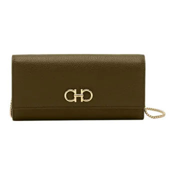 FERRAGAMO GANCINI Hammered Texture Calfskin Wallet, Crossbody Bag Mini Women's Olive Green