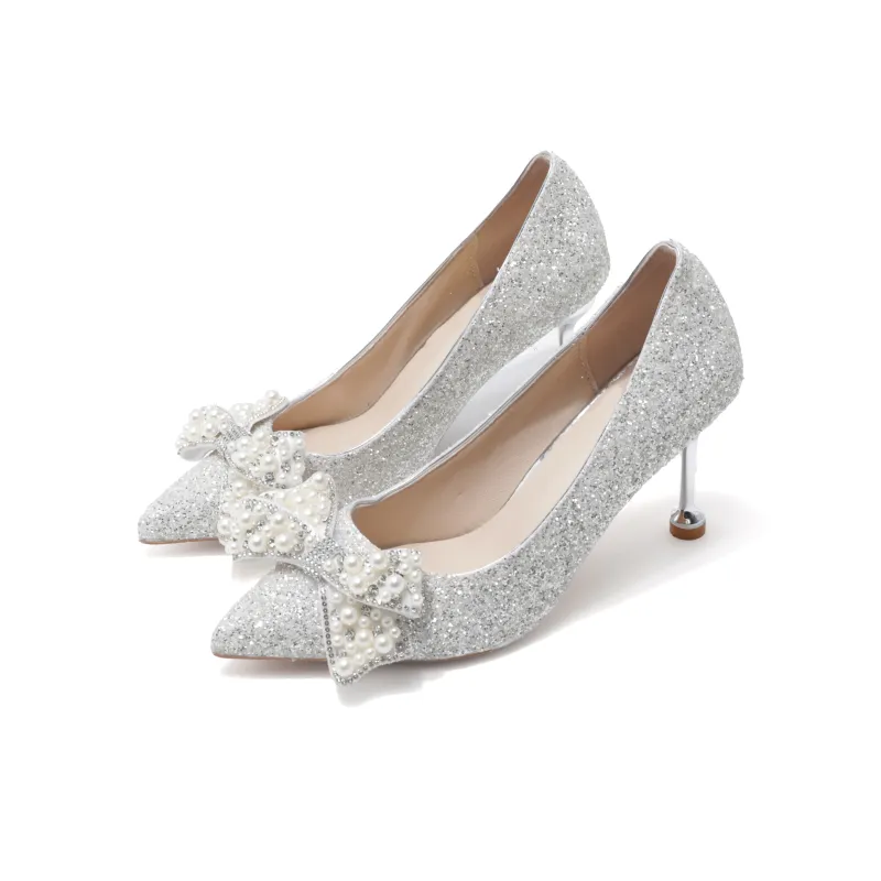 Take The Qin Slim Heel High Heels Women's Silver-2