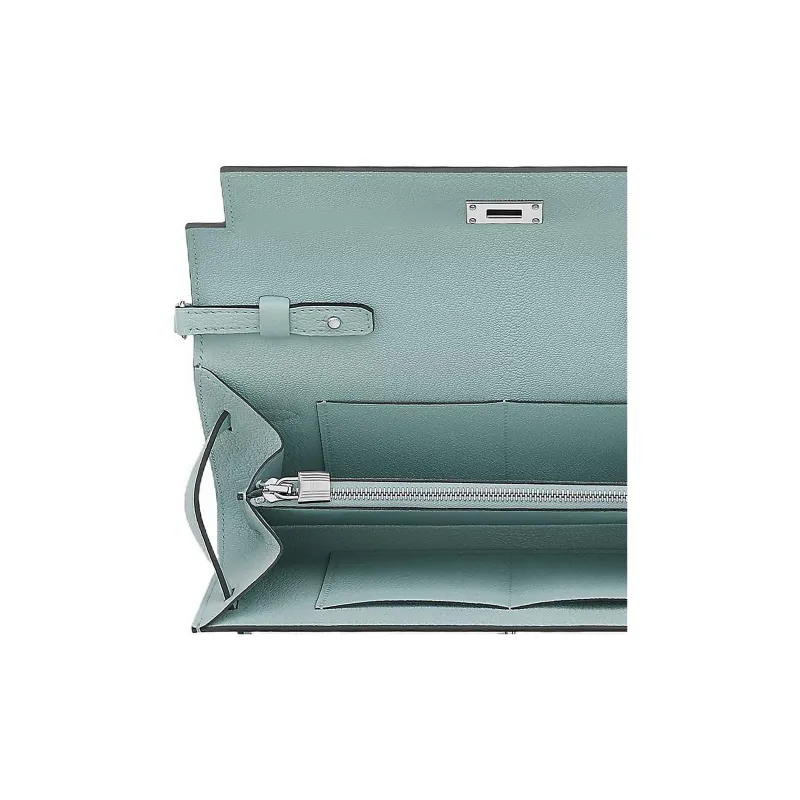 HERMES Kelly To Go Mysore Goat Skin Wallet, Clutch, Shoulder Bag, Crossbody Bag Women's T0 Bleu Brume Dusty Blue-4