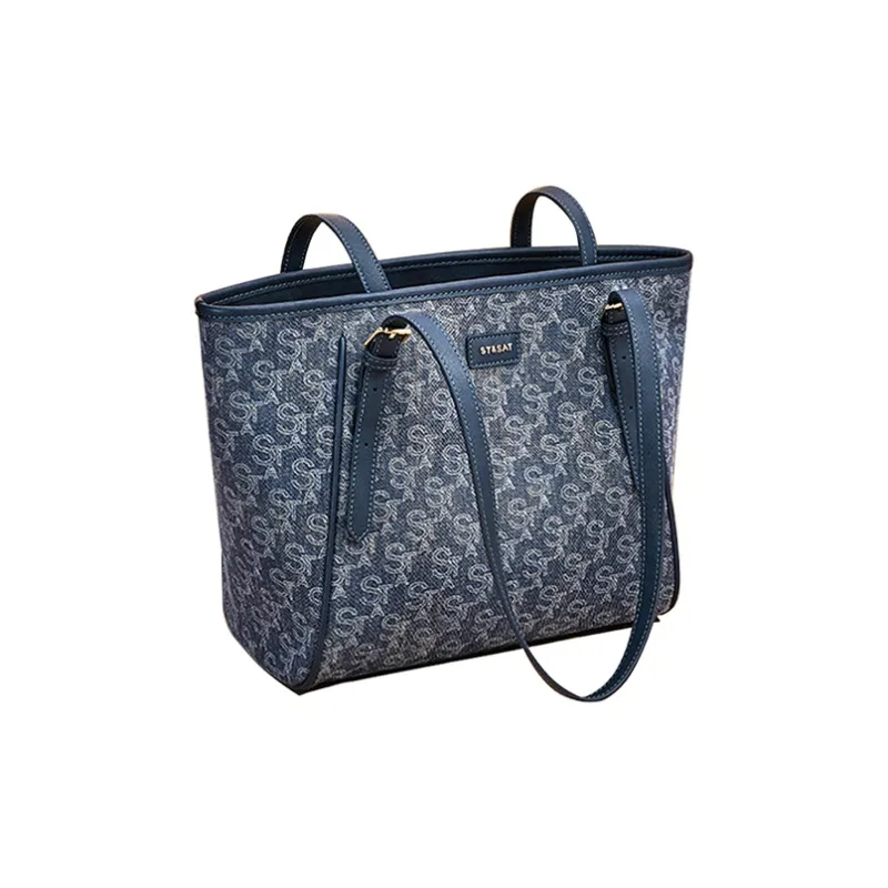 ST&SAT Fabric With Synthetic Leather Denim Bag Tote Bag, Shopping Bag, Shoulder Bag Women's Blue-7