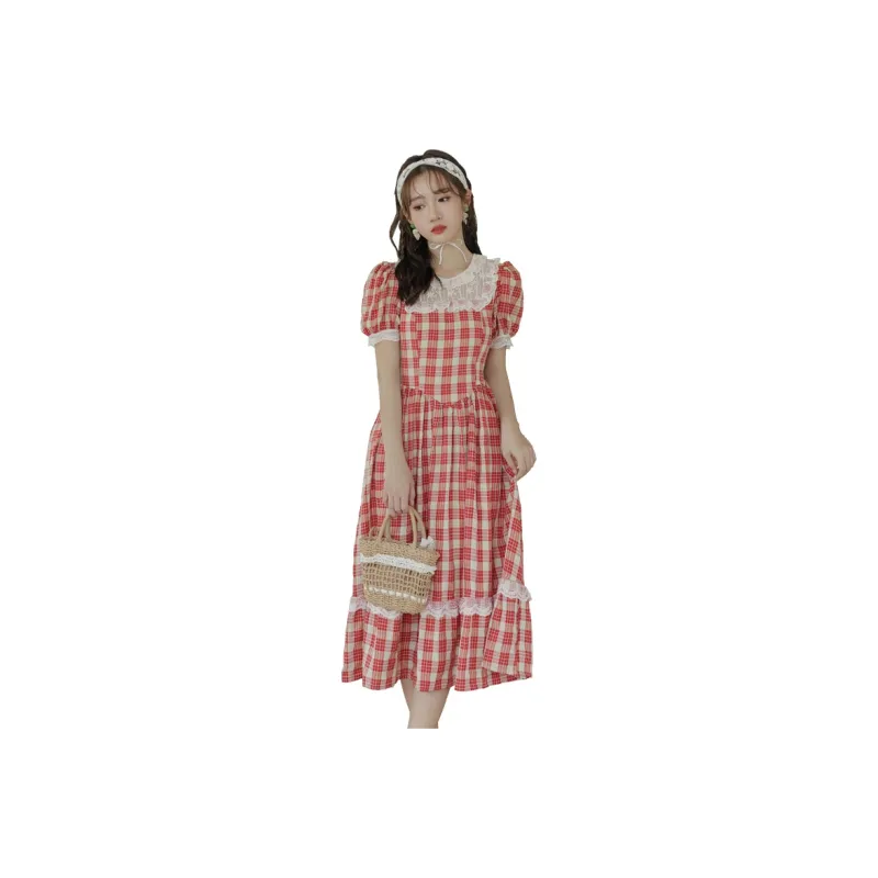Mm Short Sleeved Dresses Women's Red Plaid-0