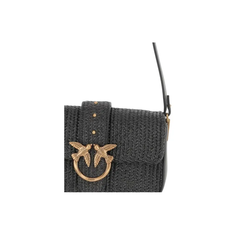 PINKO LOVE Series Raffia Shoulder Bag Women's Black-3