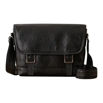 Back Step Top Grain Cow Leather Messenger Shoulder Bag, Crossbody Bag Unisex Black