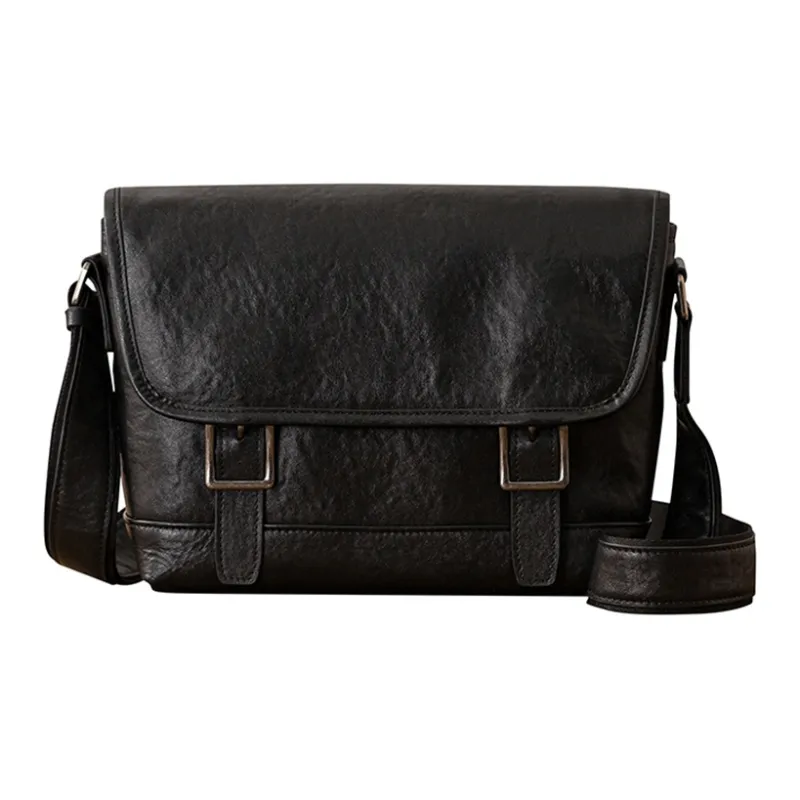 Back Step Top Grain Cow Leather Messenger Shoulder Bag, Crossbody Bag Unisex Black-0