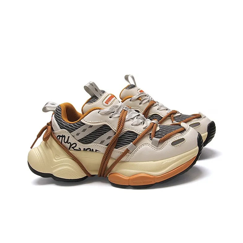 STUR YSN Abrasion Resistant Breathable Low Top Chunky Sneakers Unisex Beige Orange-6