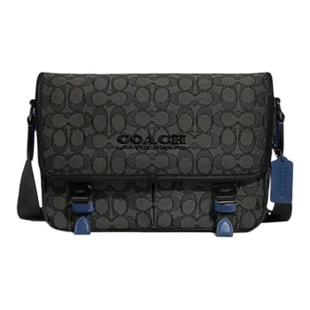 COACH League Jacquard Fabric With Calfskin Messenger Bag, Shoulder Bag, Crossbody Bag Tubas Men's Black