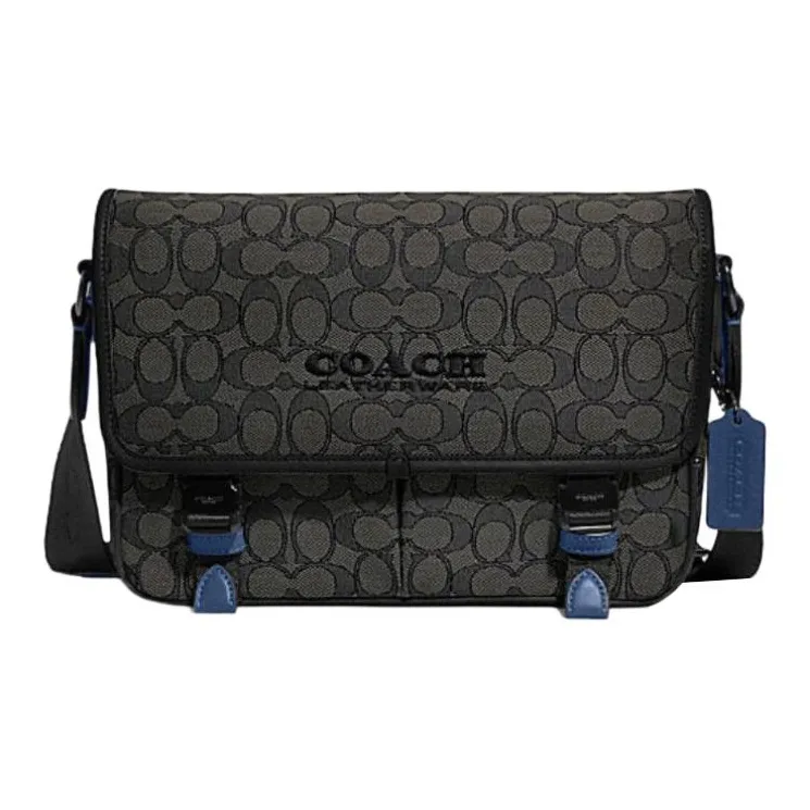 COACH League Jacquard Fabric With Calfskin Messenger Bag, Shoulder Bag, Crossbody Bag Tubas Men's Black-0