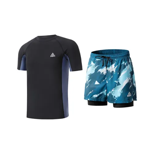 PEAK Men's Swimwear Men Clothing Sets Black Short Sleeved+Blue Swimming Shorts