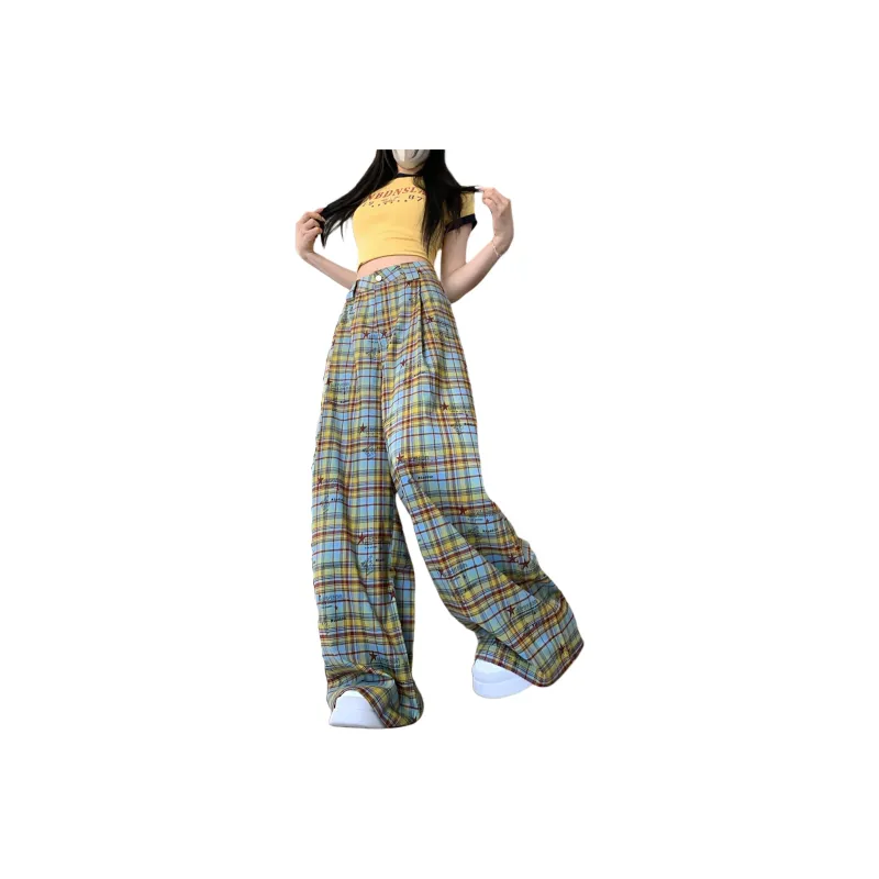 GOSO Casual Pants Women's Yellow Blue Plaid-0