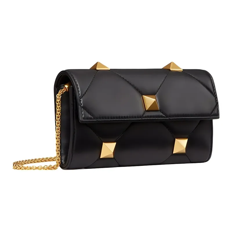 Valentino Roman Stud Lambskin Chain Wallet, Crossbody Bag, Shoulder Bag Women's Black-1