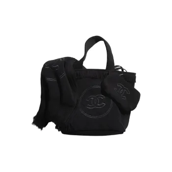 CHANEL Cotton Fabric Beach Bag Three Piece Set Handbag Combo Bag With Blanket Scarf Combo Set Women's Black