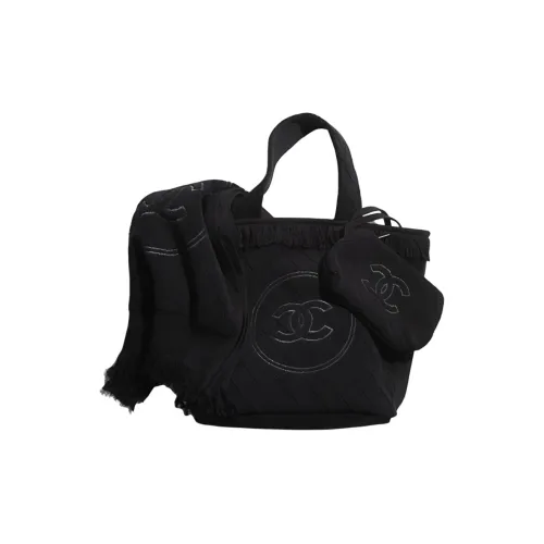 CHANEL Cotton Fabric Beach Bag Three Piece Set Handbag Combo Bag With Blanket Scarf Combo Set Women's Black