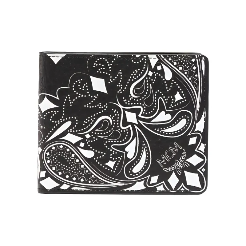 MCM Leather Wallet Small Size Unisex Black White-0