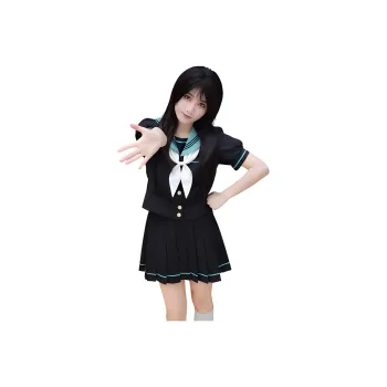 Shuhao Bai Uniforms Women's Hatsune Miku Cinched Waist Puff Sleeve Short Sleeved+Grass Green Fish Knot+Matching Short Skirt