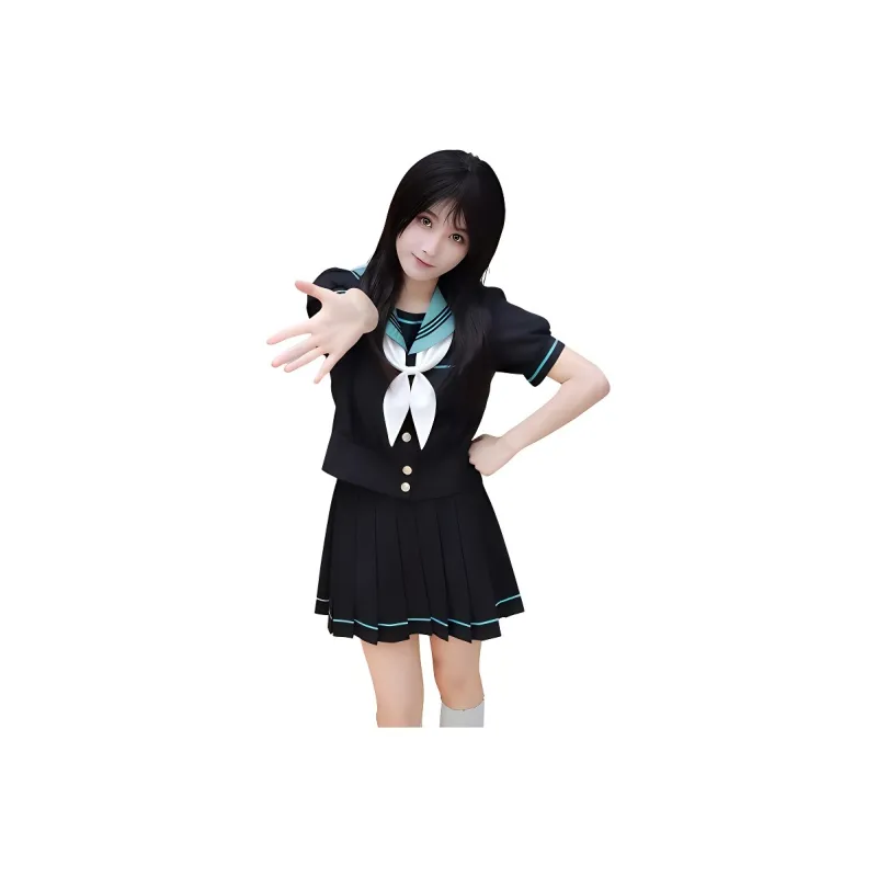 Shuhao Bai Uniforms Women's Hatsune Miku Cinched Waist Puff Sleeve Short Sleeved+Grass Green Fish Knot+Matching Short Skirt-0