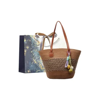 Iman's House Straw Woven Tote Bag, Shoulder Bag Regular Women's Khaki/White/White & Khaki/Green/Black