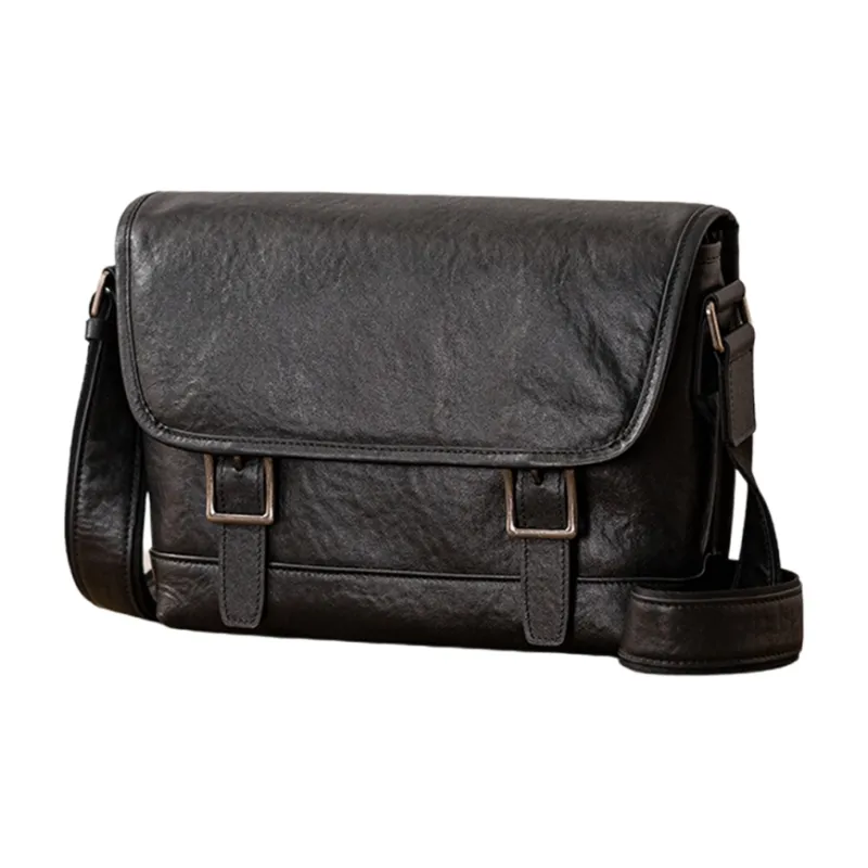 Back Step Top Grain Cow Leather Messenger Shoulder Bag, Crossbody Bag Unisex Black-1