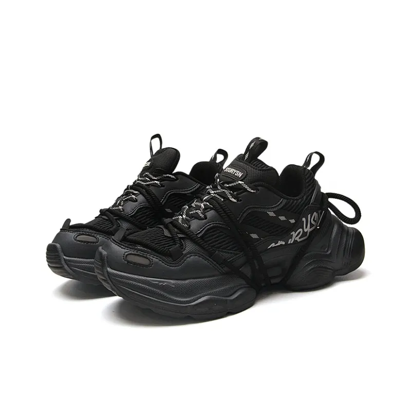 STUR YSN Abrasion Resistant Breathable Low Top Chunky Sneakers Unisex Black Distressed-4