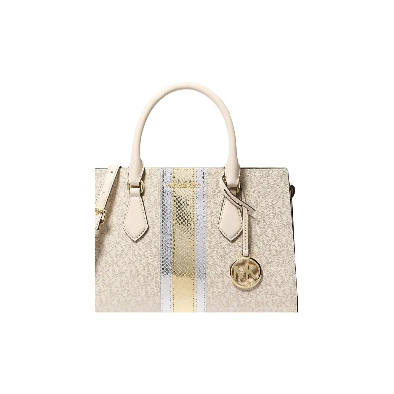 MICHAEL KORS Coated Canvas Shoulder Bag, Crossbody Bag, Handbag Medium Size Women's White & Gold-3