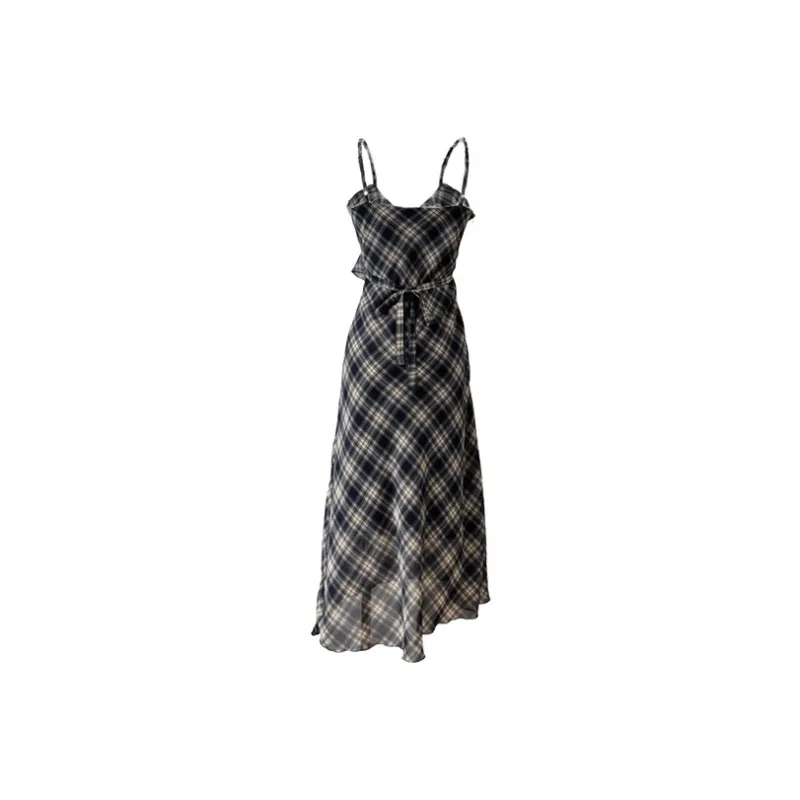 Mu Xiao Xin Slip Dresses Women's Navy Blue Plaid-1